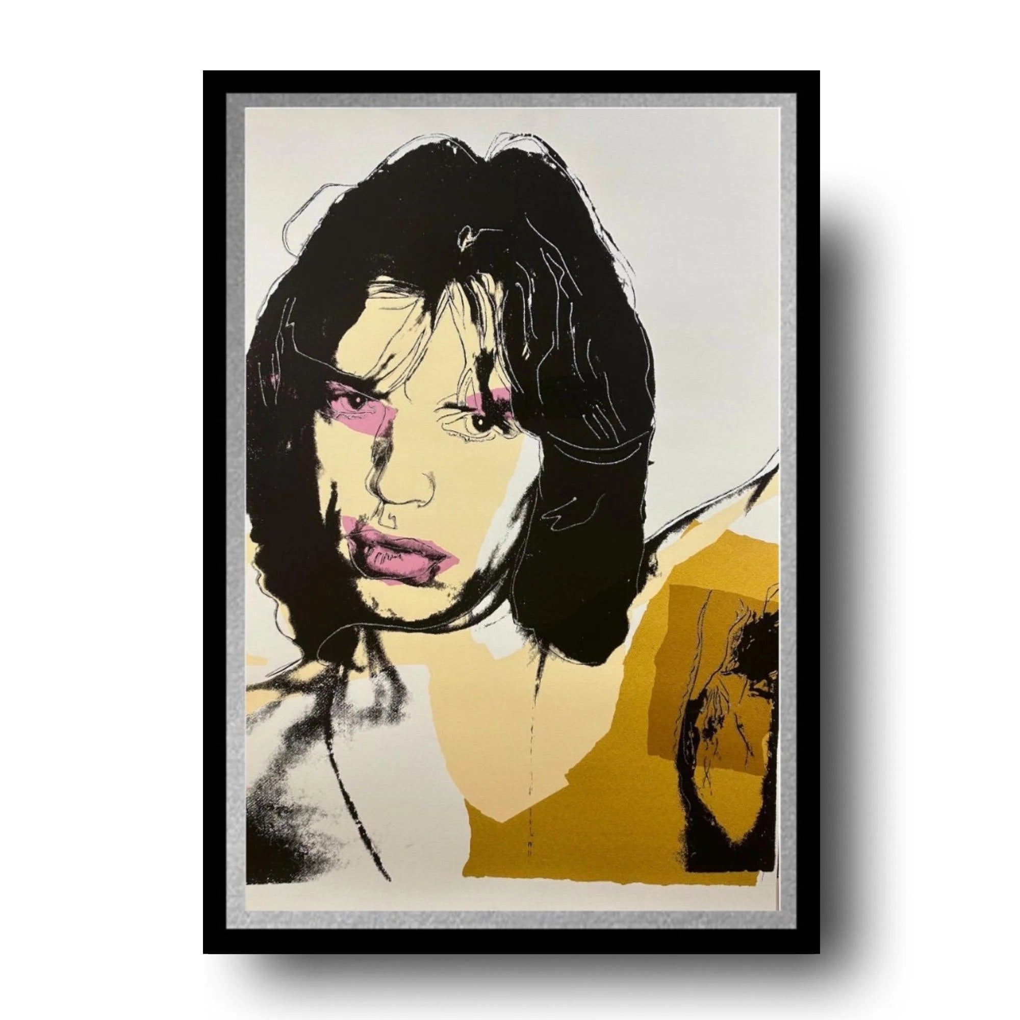 Framed artwork of a stylized portrait of Rolling Stones frontman Mick Jagger with black, yellow, and white colors on a light gray background.